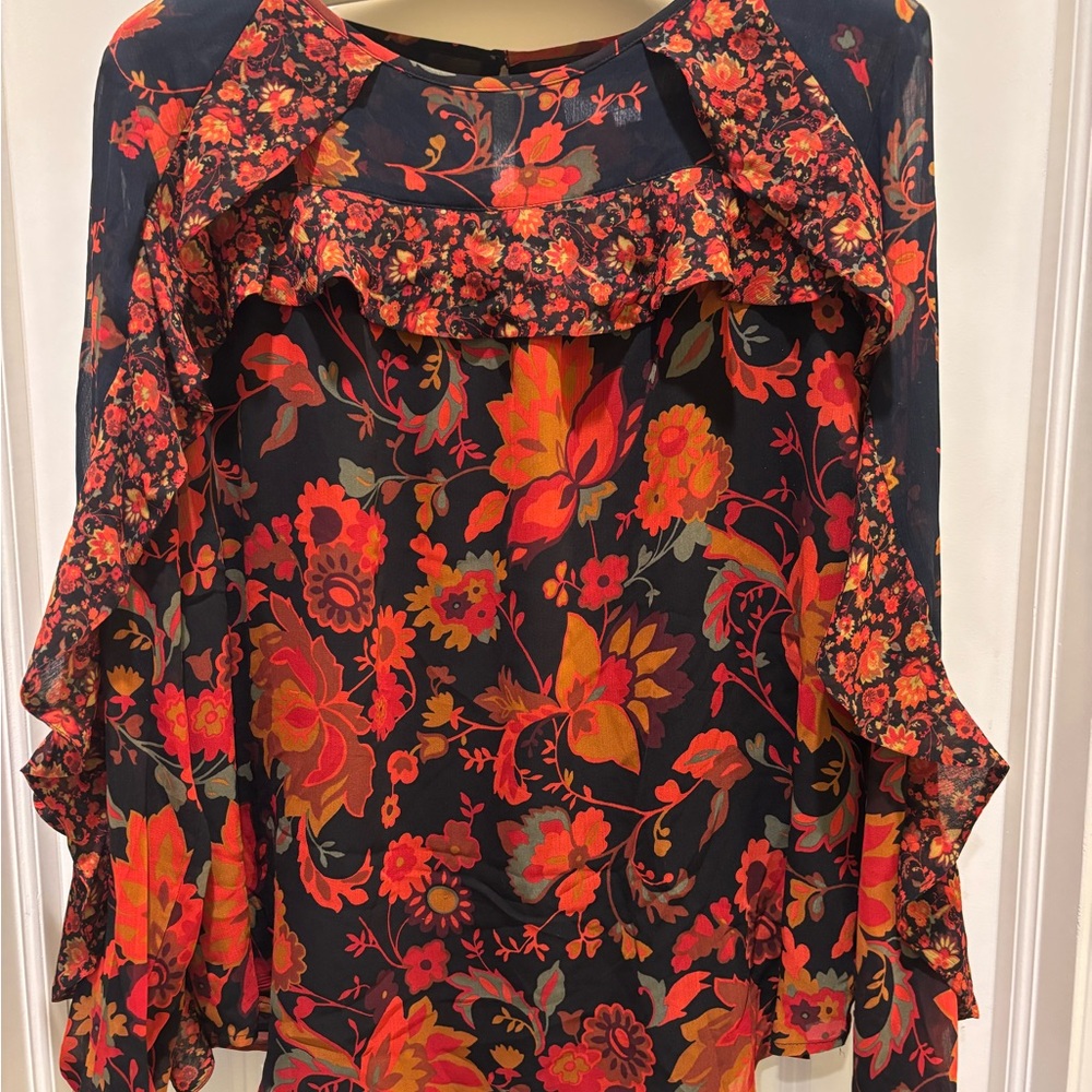 LOFT Black and Red Floral Blouse